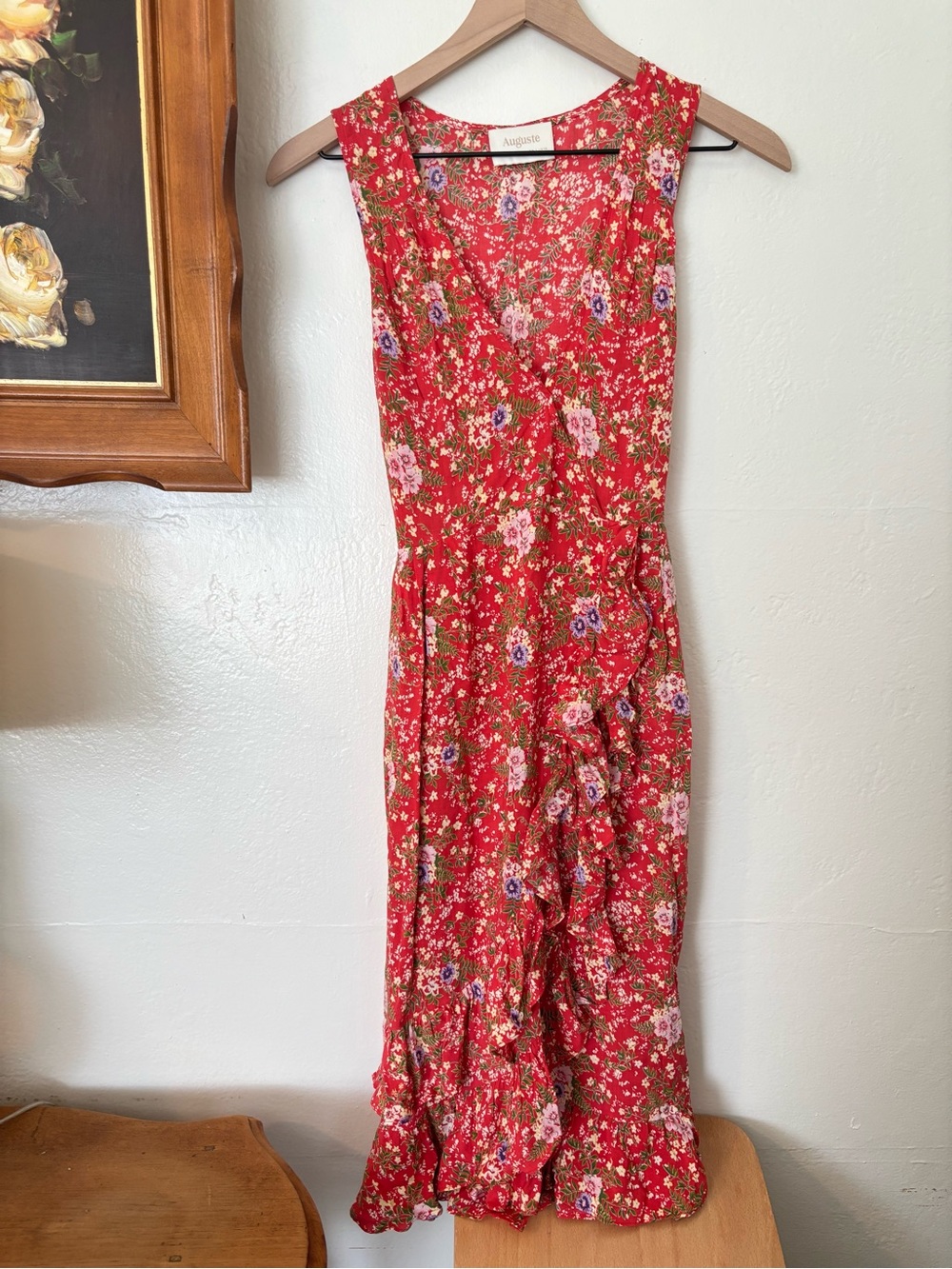 Auguste The Label Red Floral Ruffle Midi Dress